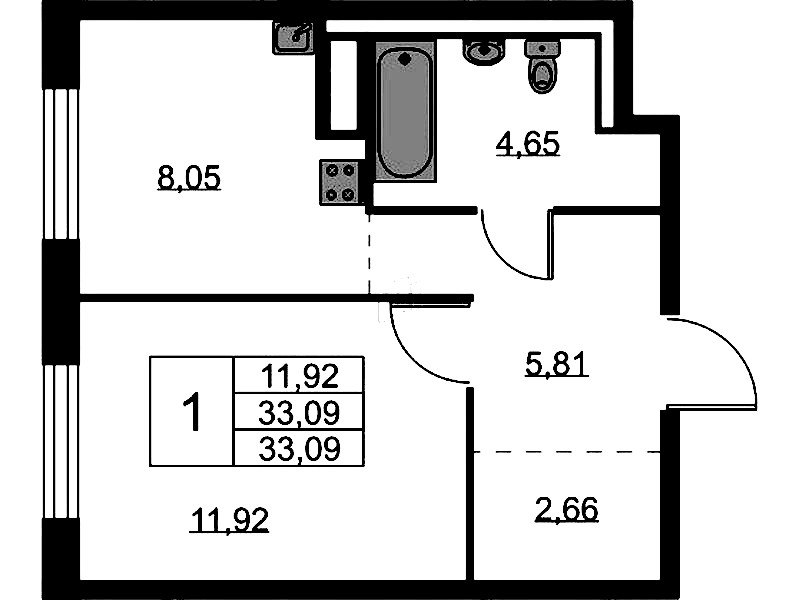 1-комнатная квартира 33.09 м², 8/9 эт., ЖК «Квартал Лаголово»